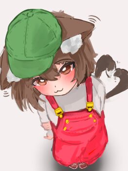 :3 absurdres adapted_costume animal_ear_fluff animal_ears baseball_cap blush bright_pupils brown_eyes brown_hair brown_shoes cat_ears cat_girl cat_tail chen closed_mouth commentary from_above full_body green_hat hat heart heart_tail highres looking_at_viewer multiple_tails overalls red_overalls shoes suwa_(au_swap) tail touhou two_tails white_pupils
