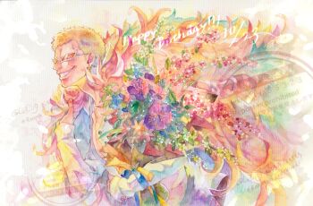1boy blonde_hair blue_flower coat donquixote_doflamingo earrings flower happy_birthday jewelry lo3_ii9 male_focus one_piece open_clothes open_shirt painting_(medium) pink_coat pink_flower purple_flower shirt short_hair smile sunglasses traditional_media watercolor_(medium) white_shirt