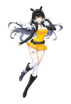 Rule 34 | 1girl, absurdres, belt, belt collar, black belt, black boots, black feathers, black hair, blush, boots, breasts, cleavage, collar, commentary request, dress, feather hair ornament, feathers, gradient hair, grey collar, grey hair, hair ornament, highres, indie virtual youtuber, knee boots, korean commentary, long hair, minj kim, multicolored hair, nonabi pancake, open mouth, solo, thigh strap, thighhighs, virtual youtuber, white background, white feathers, white thighhighs, white wings, wings, yellow dress, yellow eyes