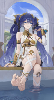 1girl absurdres ancient_greek_clothes armlet bare_shoulders barefoot black_skirt blue_eyes blue_hair breasts cleavage closed_mouth commentary crossed_legs feet gold_bra gradient_hair greco-roman_clothes hair_belt hand_up highres iuno_(wuthering_waves) jewelry laurel_crown leg_warmers llami_0 long_hair looking_at_viewer medium_breasts multicolored_hair sitting skirt smile soles solo streaked_hair tacet_mark_(wuthering_waves) toes twintails vambraces wet winter_uniform wuthering_waves