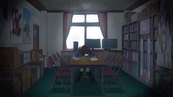 1girl black_hair black_jacket black_socks bookshelf bow chair clubroom commentary_request face_down folding_chair full_body game_screenshot_background hair_bow highres in-universe_location indoors jacket kira_tsubasa lonely long_sleeves love_live! love_live!_school_idol_festival love_live!_school_idol_project medium_hair monitor otonokizaka_school_uniform poster_(object) red_bow school_uniform screenshot_background socks solo syoma_(1026syoma) table todo_erena twintails vignetting window winter_uniform yazawa_nico yuki_anju