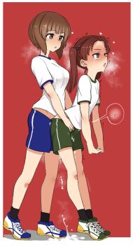 1futa 1girl :d age_difference ahegao aomushi_(mushamusha) black_socks blouse blue_shorts border breasts brown_eyes brown_hair clothed_sex commentary_request couple cum cum_pool cumdrip fertilization flat_chest full_body futa_with_female futanari girls_und_panzer green_shorts gym_shorts gym_uniform highres implied_futanari impregnation kadotani_anzu loli long_hair medium_breasts nishizumi_miho onee-loli open_mouth ovum red_background sex sex_from_behind shirt shoes short_hair shorts simple_background smile sneakers socks sperm_cell standing standing_sex tiptoes twintails white_border white_shirt wide-eyed