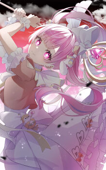 Rule 34 | 1girl, absurdres, back bow, bow, cloud, commentary request, cowboy shot, crop top, dark cloud, eyelashes, glowing, glowing eyes, hair bow, heart, heart-shaped pupils, highres, holding, holding staff, incoming attack, layered skirt, long hair, looking at viewer, ootori emu, pink hair, project sekai, red shirt, red sky, shirt, skirt, sky, solo, staff, symbol-shaped pupils, wanderlands k, white bow, white skirt, white wrist cuffs, wrist cuffs