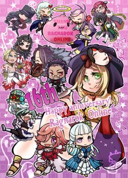 5girls 6+boys :3 :d ahoge alternate_color anniversary antenna_hair arch_bishop_(ragnarok_online) armor asymmetrical_bangs barefoot bikini black-framed_eyewear black_armor black_eyes black_hair black_hairband black_hat black_headscarf black_pants black_shirt blindfold blonde_hair blue_cape blue_dress blue_eyes blue_gemstone blue_jacket blue_vest blunt_bangs blush bob_cut breasts brown_pants cape capelet chibi chocolate_donut closed_eyes closed_mouth clothes_around_waist clown_(ragnarok_online) coat commentary_request copyright_name crop_top cross detached_sleeves deviruchi diagonal_bangs donut dress eating expressionless eyes_visible_through_hair flame_print flat_chest flowery_peko food fork frown full_body fur-trimmed_cape fur-trimmed_jacket fur_trim gem geographer_(ragnarok_online) glasses green_coat green_eyes green_hair grey_cape grey_hair grin guillotine_cross_(ragnarok_online) gypsy_(ragnarok_online) hair_between_eyes hair_ornament hair_over_one_eye hair_slicked_back hairband halo hand_on_own_cheek hand_on_own_face hat headscarf heart heart_hair_ornament hetero holding holding_fork jacket juliet_sleeves long_bangs long_hair long_sleeves looking_at_viewer mask mask_on_head medium_breasts medium_hair messy_hair mole mole_under_eye multiple_boys multiple_girls noh_mask open_clothes open_coat open_mouth pants pince-nez pink_background pink_coat pink_eyes pink_hair plate pointy_ears poring puffy_sleeves purple_coat purple_eyes purple_hair ragnarok_online ranger_(ragnarok_online) red_eyes red_gemstone red_scarf red_sleeves round_eyewear royal_guard_(ragnarok_online) sandals scarf shadow_chaser_(ragnarok_online) shako_cap shirt shirt_around_waist short_bangs short_eyebrows short_hair skirt sleeveless sleeveless_shirt slime_(creature) smile sorcerer_(ragnarok_online) stalker_(ragnarok_online) strapless strapless_bikini sura_(ragnarok_online) swimsuit topless_male translation_request twitter_username underbust vest waist_cape white_capelet white_pants white_shirt white_skirt white_sleeves wizard_(ragnarok_online) yellow_bikini yellow_eyes