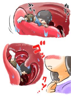 1boy 1girl absurdres bad_id bad_twitter_id black_hair blue_shirt blush closed_mouth highres imminent_death inactive_account loli medium_hair mini_person miniboy nose_blush original peril purple_shirt saliva sequential shirt short_hair shorts shota swallowing throat_bulge tongue uvula vore youseisan255