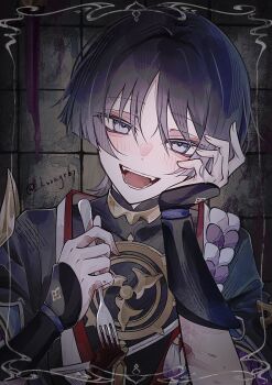 1boy absurdres blood blue_eyes blue_hair blush commentary_request fangs food fork genshin_impact head_on_hand head_tilt highres holding holding_fork kurage_67 looking_at_viewer male_focus meat open_mouth scaramouche_(genshin_impact) smile solo teeth watermark