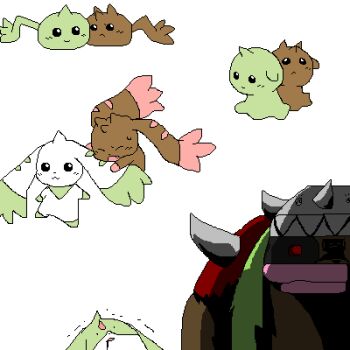 artist_request chocomon cocomon digimon digimon_(creature) evolution evolutionary_line fur galgomon gummymon horns looking_at_another lopmon lowres no_humans siblings simple_background smile terriermon trembling twins wendimon what zerimon