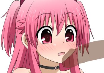 1boy 1girl angel_beats! bare_shoulders black_choker blush choker commentary_request downturned_eyes erection eyes_visible_through_hair fang hair_between_eyes hetero highres kyodori_(oyogume) long_hair looking_at_penis open_mouth paid_reward_available partial_commentary penis penis_awe penis_shadow pink_hair portrait red_eyes sidelocks simple_background solo_focus tareme two_side_up white_background yui_(angel_beats!)
