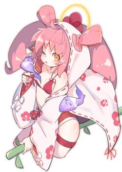 1girl bra cowboy_shot flat_chest floral_print ghost halo highres hood hoodie jigokudani_fululu loli looking_at_viewer mamoru-kun_wa_norowarete_shimatta! naked_hoodie one_eye_closed orange_eyes panties pink_bra pink_hair red_panties tail tongue tongue_out underwear white_background zizi_niisan