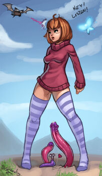 1girl artist_name bat_(animal) bottomless breasts brown_hair bug butterfly cleft_of_venus cloud dr_graevling grass green_eyes heart highres insect mountain navi original outdoors precum pussy pussy_peek short_hair sky slug standing striped_clothes striped_thighhighs sweater sweater_girl_(dr_graevling) tentacles thighhighs