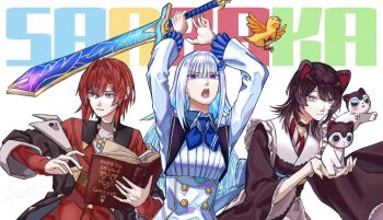 3girls :3 ange_katrina ange_katrina_(1st_costume) animal animal_ears arms_up asasede_pacha banken_(inui_toko) bird black_coat blue_eyes blue_hair blue_neckerchief book brown_collar brown_hair brown_kimono buttons cardigan closed_mouth coat collar collared_shrug colored_inner_hair dog_ears double-breasted frilled_sleeves frills group_name hair_between_eyes hair_intakes hair_ornament hands_up hashtag-only_commentary heterochromia highres holding holding_animal holding_book holding_sword holding_weapon inui_toko inui_toko_(1st_costume) japanese_clothes kimono lize_helesta lize_helesta_(1st_costume) long_bangs long_hair long_sleeves looking_at_viewer medium_hair multicolored_hair multiple_girls neckerchief nijisanji off_shoulder open_book open_mouth purple_eyes red_cardigan red_eyes red_hair ribbed_shirt sanbaka_(nijisanji) sebastian_piyodore shirt shirt_tucked_in short_hair shrug_(clothing) signature streaked_hair sword triangle_hair_ornament two-tone_hair very_long_hair virtual_youtuber weapon white_background white_hair white_shirt white_shrug wolf_cut yellow_bird yellow_eyes