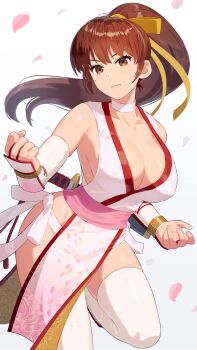 1girl bare_shoulders breasts brown_eyes brown_hair cleavage dead_or_alive elbow_gloves falling_petals gloves highres kasumi_(doa) large_breasts long_hair ninja pelvic_curtain petals ponytail sleeveless sword thighhighs weapon white_background wide_hips yagi2013