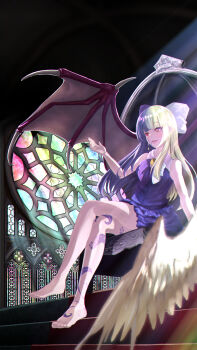1girl angel_wings arm_at_side arm_up black_alice_(goddess_of_chaos)_(mon-musu_quest!) black_alice_(mon-musu_quest!) blonde_hair blue_dress bow breasts collared_shirt commentary_request demon_wings dress eyes_visible_through_hair hair_bow heterochromia highres indoors leg_tattoo light_rays long_hair medium_breasts mon-musu_quest! mon-musu_quest:_paradox monster_girl nose purple_bow purple_hair red_carpet red_eyes shirt sitting_on_throne sleeveless split_theme stained_glass tattoo throne user_chds3888 white_bow wings yellow_eyes