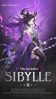 1girl black_bridal_gauntlets black_hair black_horns black_thighhighs breasts bridal_gauntlets commentary company_name copyright_name copyright_notice dress duet_night_abyss english_commentary english_text gradient_hair highres holding holding_weapon horns long_hair multicolored_hair official_art purple_eyes purple_hair purple_theme sibylle_(duet_night_abyss) solo thighhighs weapon