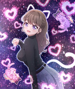 1girl :d akihitohappy animal_ears animalization anyoji_hime beanie black_hat black_sweater breasts brown_hair cat cat_ears cat_tail commentary_request drawn_ears drawn_tail from_side fujishima_megumi fujishima_megumi_(post-graduation) grey_skirt hair_intakes hat heart highres link!_like!_love_live! long_hair looking_at_viewer looking_to_the_side love_live! medium_breasts no_jacket nyao_signyal nyao_signyal_cat open_mouth osawa_rurino paw_pose pink_cat pleated_skirt ponytail purple_cat purple_eyes skirt smile solo sweater tail translation_request turtleneck turtleneck_sweater virtual_youtuber