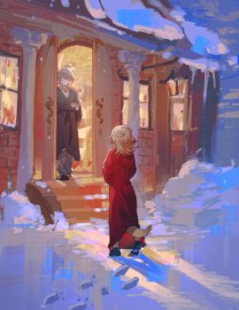 2boys ahoge alhaitham_(genshin_impact) animal_ears appleboneeee black_sash blonde_hair braid chinese_commentary commentary_request cup door ears_down facing_away footprints fox_boy fox_ears fox_tail genshin_impact green_eyes grey_hair grey_kimono grey_pants hair_over_one_eye highres holding holding_cup hood hood_down hooded_robe house icicle japanese_clothes kaveh_(genshin_impact) kimono lantern long_hair long_sleeves looking_at_another male_focus multiple_boys night one_eye_covered open_door outdoors pants parted_bangs pillar red_robe robe sash short_hair snow stairs standing tail teacup wide_sleeves window winter