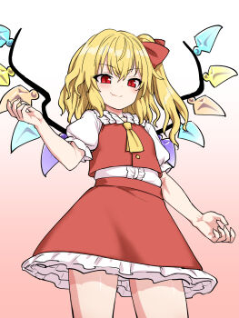 1girl ascot blonde_hair blush center_frills commentary_request cowboy_shot fang flandre_scarlet frills gradient_background hair_ribbon highres itou_yuuji multicolored_wings no_headwear one_side_up petticoat pink_background red_eyes red_skirt red_vest ribbon shirt short_sleeves skin_fang skirt skirt_set solo touhou vest white_shirt wings yellow_ascot