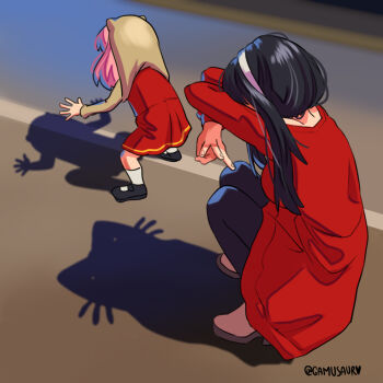 2girls anya_(spy_x_family) black_hair black_pantyhose black_shoes breasts brown_shoes cat_shadow_puppet_(meme) child crossed_arms derivative_work dress full_body gamusaur hairband hairpods highres jacket_over_head long_hair mary_janes medium_breasts medium_hair meme multiple_girls outstretched_arms pantyhose pink_hair red_dress shoes sidelocks socks spy_x_family squatting twitter_username white_hairband white_socks yor_briar