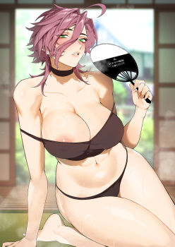 1girl absurdres ahoge areola_slip arm_support bare_arms bare_legs bare_shoulders barefoot black_camisole black_choker black_panties blurry blurry_background blush breasts breath camisole choker commentary double_strap_slip earrings fanning_self feet green_eyes hair_between_eyes hand_fan highres holding holding_fan hot indoors jewelry large_breasts long_hair_between_eyes looking_at_viewer medium_hair mole mole_under_eye navel original panties parted_lips purple_hair shishamo_712 shouji sliding_doors solo steaming_body string_panties stud_earrings sweat tatami underwear