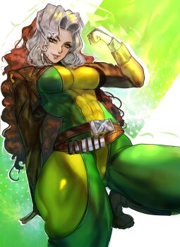 Rule 34 | 1girl, absurdres, animification, arialla draws, belt, bodysuit, boots, breasts, brown hair, colored bangs, commentary, english commentary, gloves, green bodysuit, green eyes, highres, jacket, large breasts, leather, leather jacket, long hair, looking at viewer, loose belt, marvel, marvel rivals, multicolored bodysuit, multicolored hair, rogue (x-men), smile, solo, superhero costume, two-tone bodysuit, two-tone hair, white hair, x-men, yellow bodysuit, yellow boots, yellow gloves