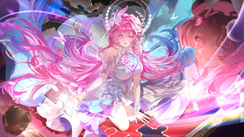 1girl absurdres aqua_hair bare_shoulders breasts commentary_request cyrene_(demiurge)_(honkai:_star_rail) cyrene_(honkai:_star_rail) cyrene_(philia093)_(honkai:_star_rail) diamond-shaped_pupils diamond_(shape) dress flower hair_flower hair_ornament highres honkai:_star_rail honkai_(series) large_breasts long_hair multicolored_hair parted_lips pink_hair pointy_ears purple_eyes purple_flower purple_rose rose solo symbol-shaped_pupils very_long_hair weishiji white_dress white_hair