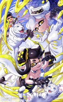 +_+ 3girls agent_3_(splatoon) ankle_boots artist_name barcode black_dress black_footwear black_gloves black_hair black_pants blonde_hair blue_headwear blue_umbrella blunt_bangs blurry blurry_foreground boots breasts callie_(alterna)_(splatoon) callie_(splatoon) captain_3_(splatoon) chinese_zodiac choker closed_eyes colored_tongue commentary cousins depth_of_field dress earrings fangs floating food food_on_head gloves gradient_hair grey_hair grin half-closed_eyes hat head_tilt headgear highres holding holding_umbrella inkling inkling_player_character iria_(yumeirokingyo) jacket jewelry long_hair long_sleeves looking_at_viewer marie_(alterna)_(splatoon) marie_(splatoon) medium_breasts multicolored_hair multiple_girls new_year nintendo object_on_head open_mouth paint_splatter pants pantyhose patchwork_clothes peaked_cap pointing pointy_ears riding sandals short_hair signature smile splatoon_(series) squid_pose star-shaped_pupils star_(symbol) strapless strapless_dress sushi swept_bangs symbol-shaped_pupils tentacle_hair tiger twitter_username umbrella white_choker white_jacket white_legwear year_of_the_tiger yellow_eyes yellow_tongue