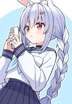 1girl absurdres animal_ear_fluff animal_ears black_choker blue_background blue_hair blue_neckerchief blue_sailor_collar blue_skirt blush braid carrot_hair_ornament cellphone choker closed_mouth commentary_request cowboy_shot food-themed_hair_ornament hair_ornament highres holding holding_phone hololive kaie long_hair long_sleeves multicolored_hair neckerchief outline phone pleated_skirt polka_dot polka_dot_background rabbit-shaped_pupils rabbit_ears rabbit_girl red_eyes sailor_collar school_uniform serafuku shirt sidelocks skirt smartphone solo symbol-shaped_pupils thick_eyebrows twin_braids two-tone_hair usada_pekora virtual_youtuber white_hair white_outline white_shirt