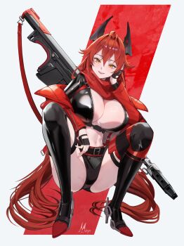 1girl absurdres antenna_hair belt black_belt black_gloves black_jacket black_shorts black_thighhighs breasts cleavage commentary cropped_jacket double-parted_bangs fingerless_gloves full_body gloves goddess_of_victory:_nikke grey_background gun gun_on_back hair_between_eyes hair_intakes hand_on_own_cheek hand_on_own_face high_heels highres horns jacket large_breasts leather leather_jacket long_hair looking_at_viewer maya_(m4yatic) mechanical_horns micro_shorts midriff navel open_clothes open_jacket open_mouth orange_eyes padded_jacket red_background red_hair red_hood_(nikke) red_jacket red_scarf rifle scarf shorts signature simple_background smile solo spread_legs squatting thigh_strap thighhighs two-tone_background underbust unzipped very_long_hair weapon weapon_on_back
