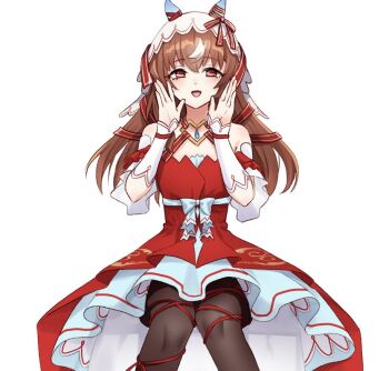 1girl animal_ears blush breasts brown_hair chest_jewel collarbone commentary_request detached_sleeves hair_between_eyes hair_ornament horse_ears long_hair looking_at_viewer nakichi_n open_clothes open_mouth red_eyes small_breasts still_in_love_(scarlet_vow_raiment)_(umamusume) still_in_love_(umamusume) thighhighs umamusume veil white_background