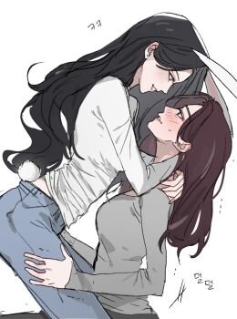 2girls animal_ears black_hair blue_pants blush commentary_request couple denim eye_contact from_behind girl_on_top grey_shirt grin highres jeans korean_commentary long_hair long_sleeves looking_at_another looking_down looking_up mogi783751 multiple_girls original pants profile rabbit_ears rabbit_girl rabbit_tail shirt simple_background sketch smile sweat tail white_background white_shirt yuri