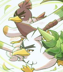 Rule 34 | animal focus, bird, bright pupils, brown eyes, closed mouth, creatures (company), duck, falling leaves, galarian farfetch&#039;d, game freak, gen 8 pokemon, highres, leaf, looking ahead, motion lines, nintendo, no humans, pokemon, pokemon (creature), running, shuri (syurigame), signature, sirfetch&#039;d, thick eyebrows, v-shaped eyebrows, white background, white pupils
