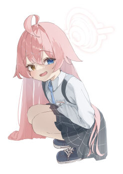 1girl :d absurdres abydos_high_school_logo ahoge backlighting black_shoes black_skirt blue_archive blue_eyes blush collared_shirt commentary cross-laced_shoes dress_shirt eyelashes full_body hair_between_eyes halo happy heterochromia highres hoshino_(blue_archive) id_card ixia559 long_hair long_sleeves looking_at_viewer miniskirt open_mouth pink_hair plaid_clothes plaid_skirt pleated_skirt shirt shoes simple_background skirt smile sneakers solo squatting straight_hair very_long_hair white_background white_halo white_shirt yellow_eyes