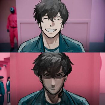 1boy before_and_after black_hair closed_eyes derivative_work green_jacket grin hair_between_eyes highres jacket logicsterrr looking_at_viewer male_focus meme multiple_views neck_tattoo parody partially_shaded_face portrait screenshot_redraw seong_gi-hun shadow_slave shirt short_hair smile squid_game striped_clothes sunny_(shadow_slave) tattoo white_shirt year_1_&amp;_year_2_(squid_game)_(meme)