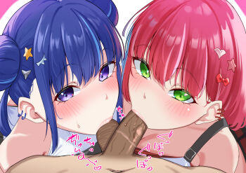 2girls absurdres blue_hair blush bow character_request commentary_request cooperative_fellatio copyright_request double_bun fellatio ffm_threesome green_eyes group_sex hair_bow hair_bun hair_ornament highres looking_at_viewer multiple_girls nanohana_(november.) navel oral penis pov pov_crotch purple_eyes red_bow red_hair star_(symbol) star_hair_ornament teamwork_(sexual) testicle_sucking threesome