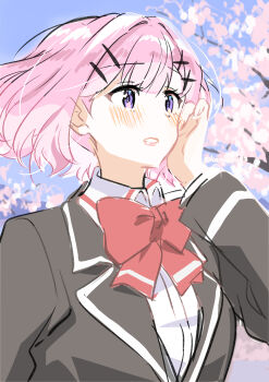 1girl absurdres amaori_renako black_jacket blazer blush bow bowtie cherry_blossoms collared_shirt commentary_request eishin29 flower hand_on_own_face highres jacket medium_hair outdoors parted_lips pink_flower pink_hair purple_eyes red_bow red_bowtie school_uniform shirt solo upper_body watashi_ga_koibito_ni_nareru_wake_naijan_murimuri! white_shirt