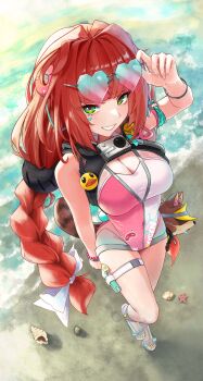 1girl absurdres adjusting_eyewear beach bracelet braid braided_twintails breasts camera camera_around_neck cleavage covered_navel facial_mark from_above gradient-tinted_eyewear green_eyes grin hair_ornament hair_ribbon hearing_aid heart heart-shaped_eyewear heart_facial_mark hexz highres jewelry kamanosuke_(zenless_zone_zero) large_breasts long_hair looking_at_viewer nail_polish ocean one-piece_swimsuit open-toe_shoes pink_one-piece_swimsuit raccoon red_hair ribbon sand seashell shell smile solo sphere_hair_ornament starfish swimsuit tanuki tinted_eyewear toenail_polish toenails toes two-tone_one-piece_swimsuit ukinami_yuzuha ukinami_yuzuha_(tanuki_in_broad_daylight) water water_gun white_ribbon yellow_nails zenless_zone_zero