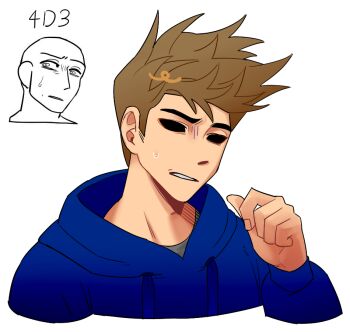 Rule 34 | 1boy, animification, blue hoodie, brown hair, commentary request, cropped shoulders, drawstring, eddsworld, green yonggari, hand up, hollow eyes, hood, hood down, hoodie, korean commentary, long sleeves, male focus, reference inset, short hair, simple background, solo, spiked hair, sweatdrop, tom (eddsworld), white background