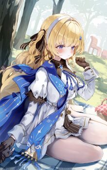 1boy 1girl absurdres black_gloves blonde_hair breasts closed_mouth commentary dress english_commentary gloves hair_ornament hairband hand_up highres long_hair long_sleeves male_rover_(wuthering_waves) no_headwear no_shoes outdoors pantyhose phoebe_(wuthering_waves) pota_ken purple_eyes rover_(wuthering_waves) sitting solo_focus tacet_mark_(wuthering_waves) white_dress white_hairband white_pantyhose wuthering_waves yokozuwari