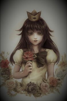 Rule 34 | 1girl, black bow, black hair, bow, crown, dress, flower, holding, holding flower, liar princess, long hair, looking at viewer, mollymishy, monster girl, princess, puffy short sleeves, puffy sleeves, rose, sepia, sharp teeth, short sleeves, teeth, usotsuki hime to moumoku ouji, white dress