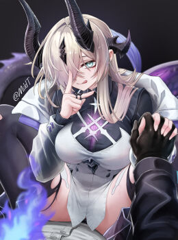 1boy 1girl absurdres arknights black_background black_gloves breasts commentary doctor_(arknights) dragon_girl dragon_horns dragon_tail dress fire flame-tipped_tail girl_on_top gloves green_eyes hair_over_one_eye hetero highres horns interlocked_fingers jacket large_breasts licking_lips long_hair male_doctor_(arknights) mildt necrass_(arknights) paid_reward_available tail thighs tongue tongue_out white_dress white_hair white_jacket