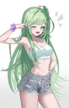 1girl :d absurdres bow breasts ccmk5555 cleavage cowboy_shot dolphin_shorts drawstring fingernails green_hair grey_shorts hair_ornament hand_on_own_hip hand_up hashtag-only_commentary highres large_breasts long_hair looking_at_viewer multicolored_hair nail_polish navel one_eye_closed one_side_up open_mouth pom_pom_(clothes) pom_pom_hair_ornament purple_bow purple_eyes purple_nails short_shorts shorts simple_background smile solo sports_bra standing stellive stomach streaked_hair v very_long_hair virtual_youtuber white_background white_sports_bra wispy_bangs wrist_bow yuzuha_riko