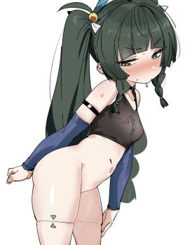 1girl bare_shoulders blunt_bangs blush bottomless braid breasts covered_erect_nipples detached_sleeves green_eyes green_hair hair_ornament loli long_hair navel nose_blush ocha_(popopogg) qingyi_(zenless_zone_zero) simple_background small_breasts solo sweat thighhighs twin_braids twintails very_long_hair white_background zenless_zone_zero