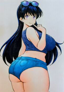 1girl arato_nagi ass black_hair blue_shirt blue_shorts blush breasts crop_top denim denim_shorts earrings finger_to_mouth from_behind gluteal_fold grey_background gyupolo9 jewelry large_breasts long_hair looking_back plump purple_eyes ruri_no_houseki shirt short_shorts shorts sleeveless sleeveless_shirt smile solo standing sunglasses sunglasses_on_head thick_thighs thighs