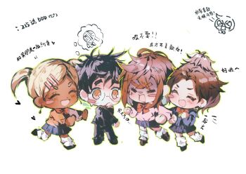 1boy 3girls ayase_momo black_hair black_jacket black_pants blonde_hair blush blush_stickers bow bowtie brown_eyes brown_hair chibi chibi_only closed_eyes commentary crossed_bangs dandadan dark-skinned_female dark_skin de557777 earrings full_body gakuran glasses gyaru hair_bun hair_ornament hairclip jacket jewelry kami_high_school_uniform loose_socks miko_(dandadan) miniskirt muko_(dandadan) multiple_girls mummy open_mouth pants pink_sweater pleated_skirt red_bow red_bowtie round_eyewear school_uniform short_hair simple_background skirt socks sweater takakura_ken_(dandadan) thick_eyebrows translation_request twintails white_background white_socks