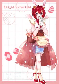 1girl :d absurdres alternate_costume ange_katrina animal_ears ankle_strap apron blue_shorts blush border bow bowtie brown_corset buttons character_name commentary commentary_request corset crossed_bangs detached_wings double-breasted double-parted_bangs easter easter_egg egg english_commentary flat_chest flower footwear_bow frilled_apron frilled_shorts frills full_body gloves grid_background hair_flower hair_intakes hair_ornament hands_up high_heels highres holding holding_egg kemonomimi_mode lace lace-trimmed_gloves lace_trim lips looking_at_viewer medium_skirt mini_wings mixed-language_commentary nijisanji open_mouth outside_border pink_flower pink_wings purple_eyes rabbit_ears rabbit_hair_ornament red_border red_bow red_bowtie red_hair red_shoes red_skirt see-through_clothes see-through_skirt shirt shoes short_hair shorts showgirl_skirt skirt sleeveless sleeveless_shirt smile socks solo standing teeth triangle_hair_ornament upper_teeth_only virtual_youtuber waist_apron watermark watermark_grid white_background white_gloves white_shirt wings yellow_apron yellow_socks yuzuca_(trickster4594)