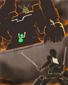 crossover densetsu_kyojin_ideon dual_wielding holding ideon mecha pettan-nee robot shingeki_no_kyojin sword tsurupeta_(pikapika45) wall weapon