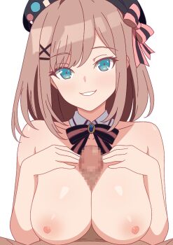 1girl absurdres beret black_hat black_ribbon blue_gemstone bow breasts brown_hair censored collarbone commentary_request detached_collar gem green_eyes grin hair_ornament hairclip hat highres large_breasts looking_at_viewer medium_hair mikotyuso mosaic_censoring nijisanji nipples nude paizuri penis pink_bow ribbon sex simple_background smile solo_focus striped_bow suzuhara_lulu suzuhara_lulu_(1st_costume) virtual_youtuber white_background