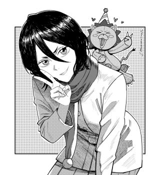 1boy 1girl bent_over bleach coat commentary cowboy_shot greyscale hair_between_eyes hat highres instagram_username kon_(bleach) kuchiki_rukia monochrome party_hat pleated_skirt scarf seveninks skirt smile v v-shaped_eyebrows