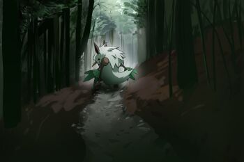 black_sclera colored_sclera commentary_request forest gen_3_pokemon highres looking_back nature nintendo no_humans outdoors path pokemon pokemon_(creature) pokemon_focus road shiftry shishima_(peta_obm) solo standing tree yellow_eyes