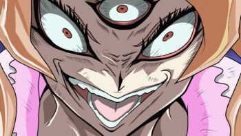 1girl artist_request brown_eyes brown_hair charlotte_pudding creepy evil_grin evil_smile grin long_hair looking_at_viewer one_piece open_mouth parody sharp_teeth smile style_parody teeth third_eye twintails what yu-gi-oh! yu-gi-oh!_zexal